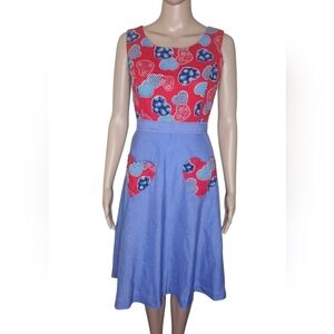 Vintage Mitch Robert women's blue red heart print prairie cottagecore dress XS